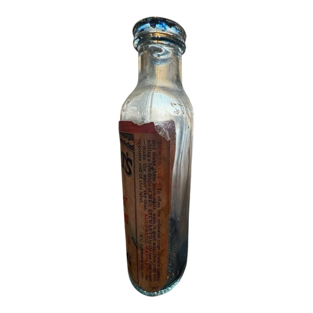 Vintage Mrs. Stewart's Liquid Bluing Bottle 4oz w/ Label‎ – Embossed Glass